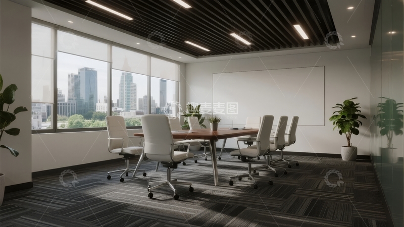 高清大图下载【趣麦麦图】现代会议室配备长桌白椅和城市景观窗