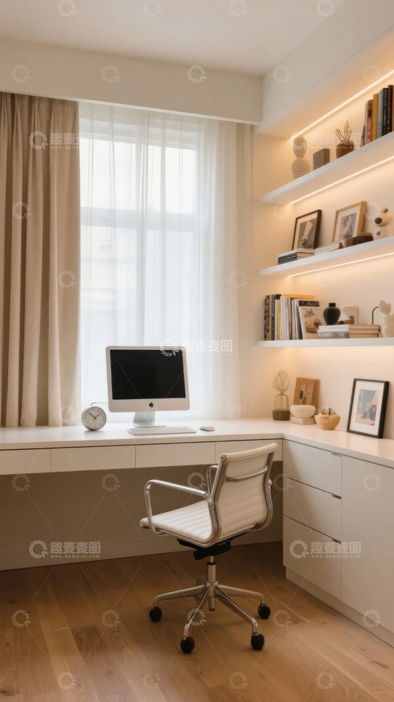 高清大图下载【趣麦麦图】现代简约风格的书房配有电脑和装饰书架