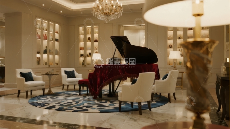高清大图下载【趣麦麦图】豪华室内空间摆放着一架黑色钢琴和白色沙发