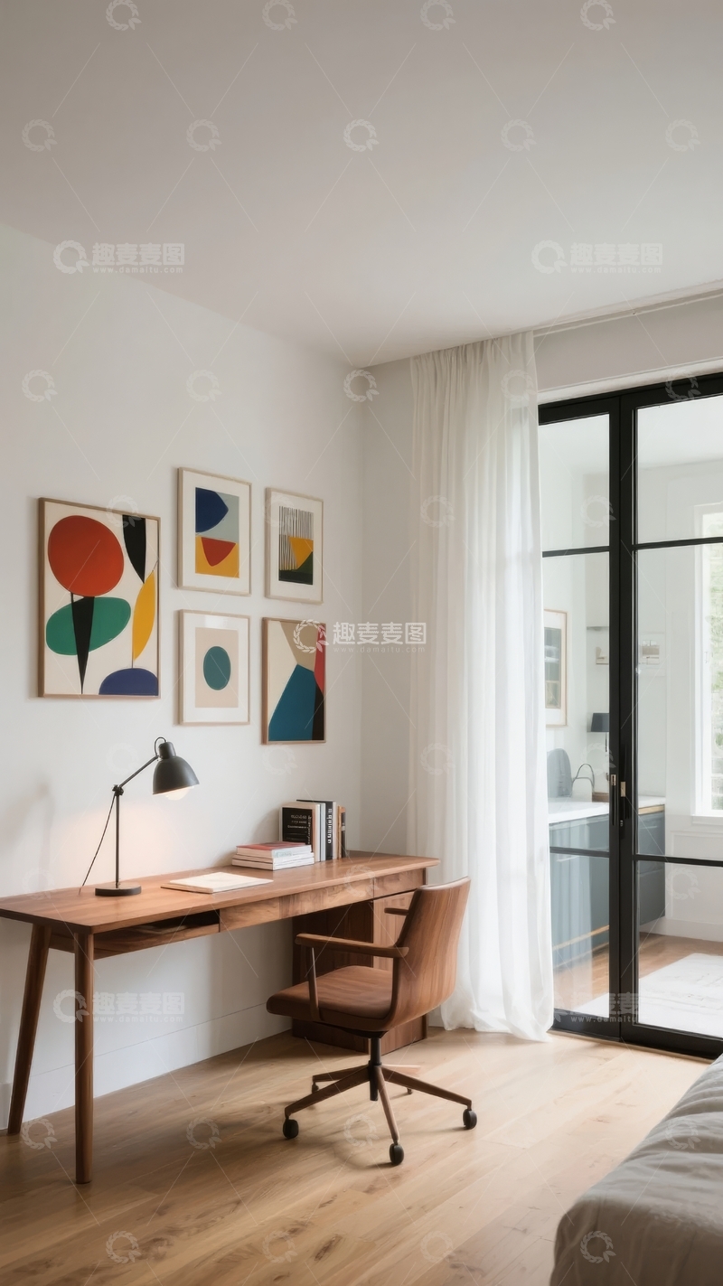 高清大图下载【趣麦麦图】现代简约风格书房内景配有抽象画和落地窗