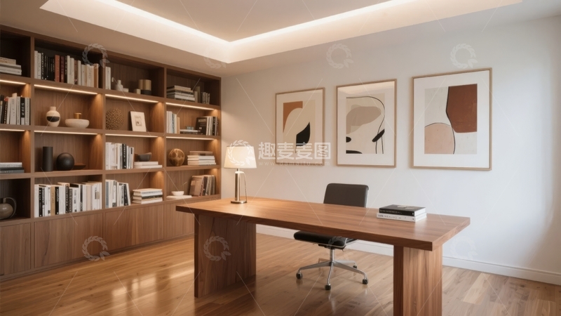 高清大图下载【趣麦麦图】现代简约风格书房内书架与办公桌组合场景