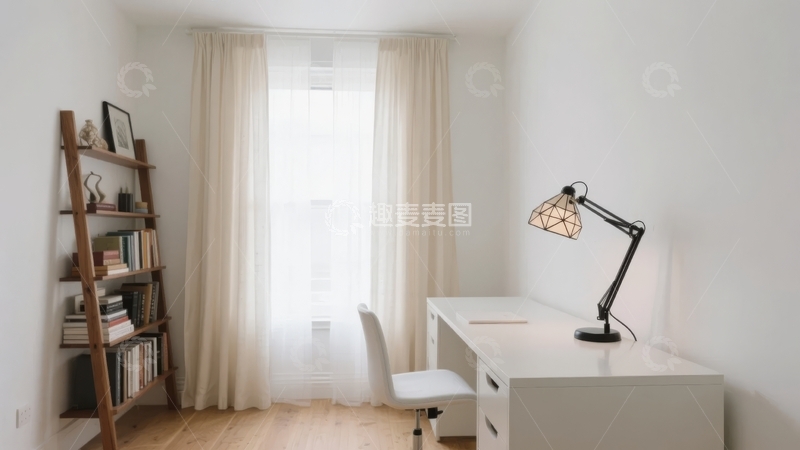 高清大图下载【趣麦麦图】明亮室内书桌角落配白色窗帘和装饰书架