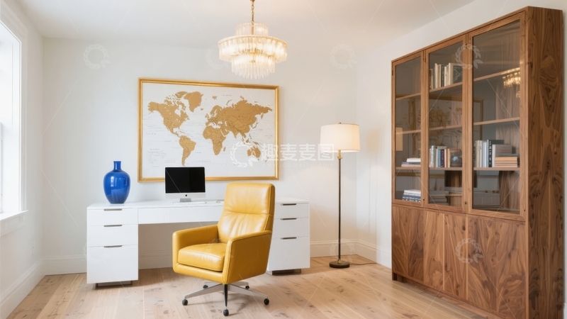 高清大图下载【趣麦麦图】现代简约风格书房内设书桌椅与大型书柜