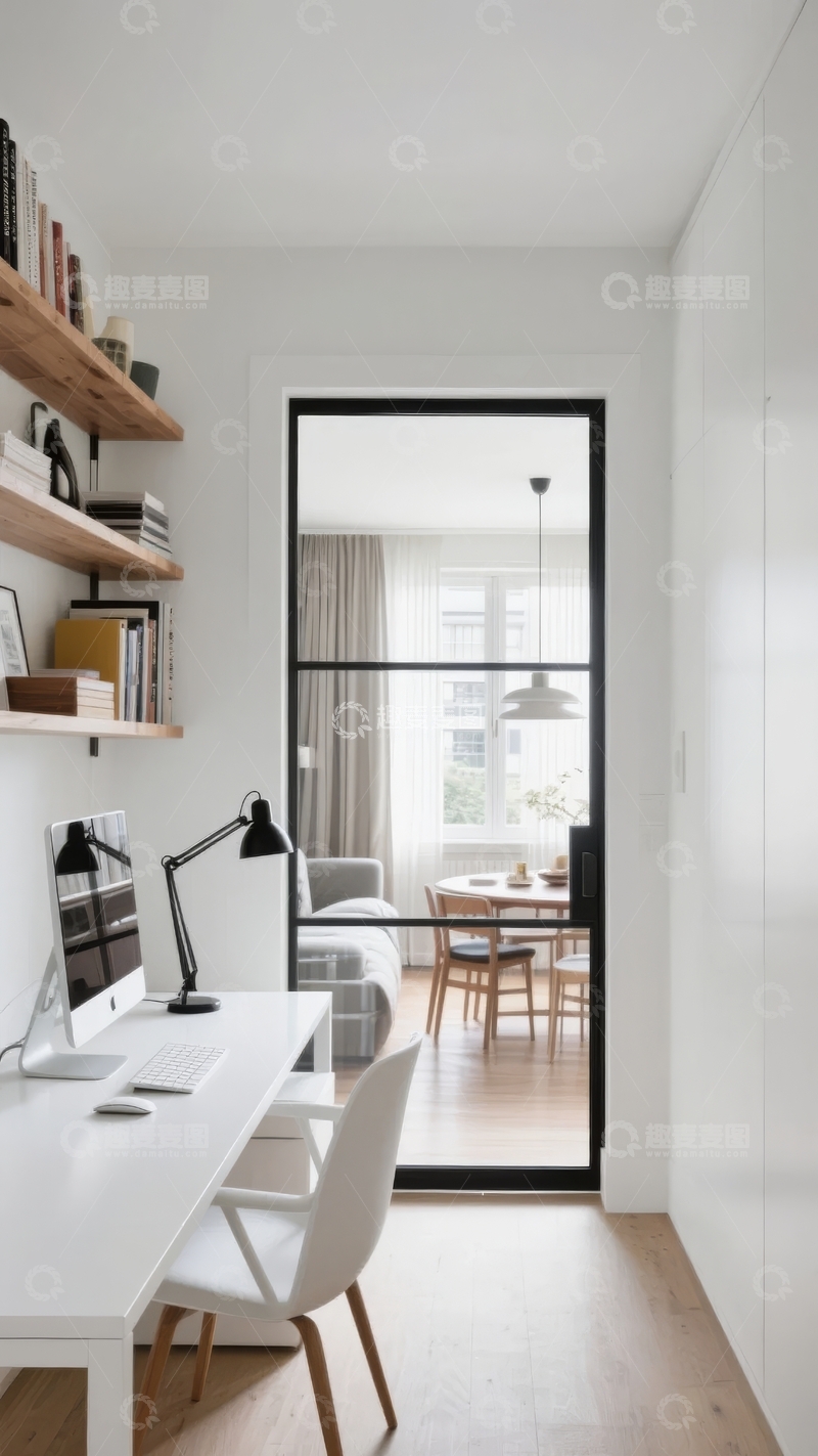高清大图下载【趣麦麦图】现代简约风格的室内书房与餐厅相连