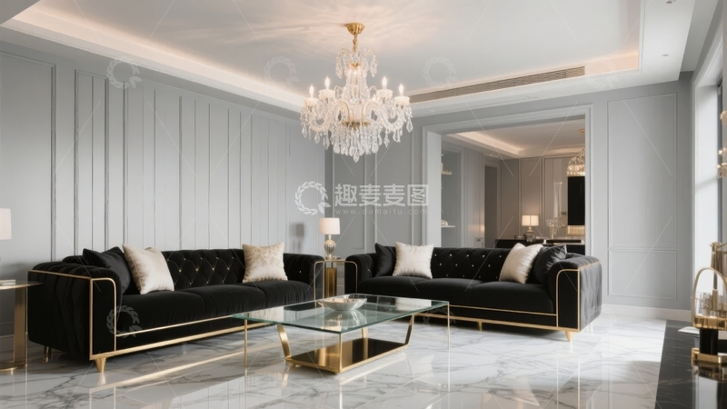 高清大图下载【趣麦麦图】现代奢华客厅配备黑色绒面沙发和水晶吊灯