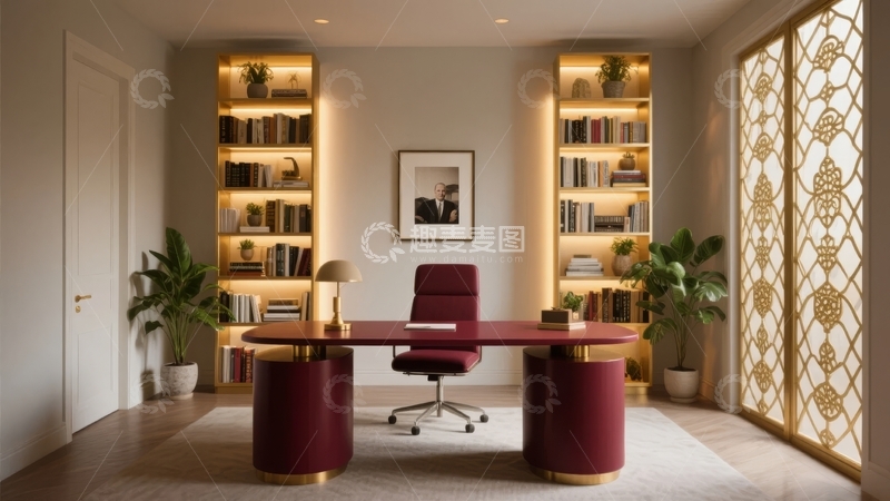 高清大图下载【趣麦麦图】现代书房内红色办公桌与书架组合