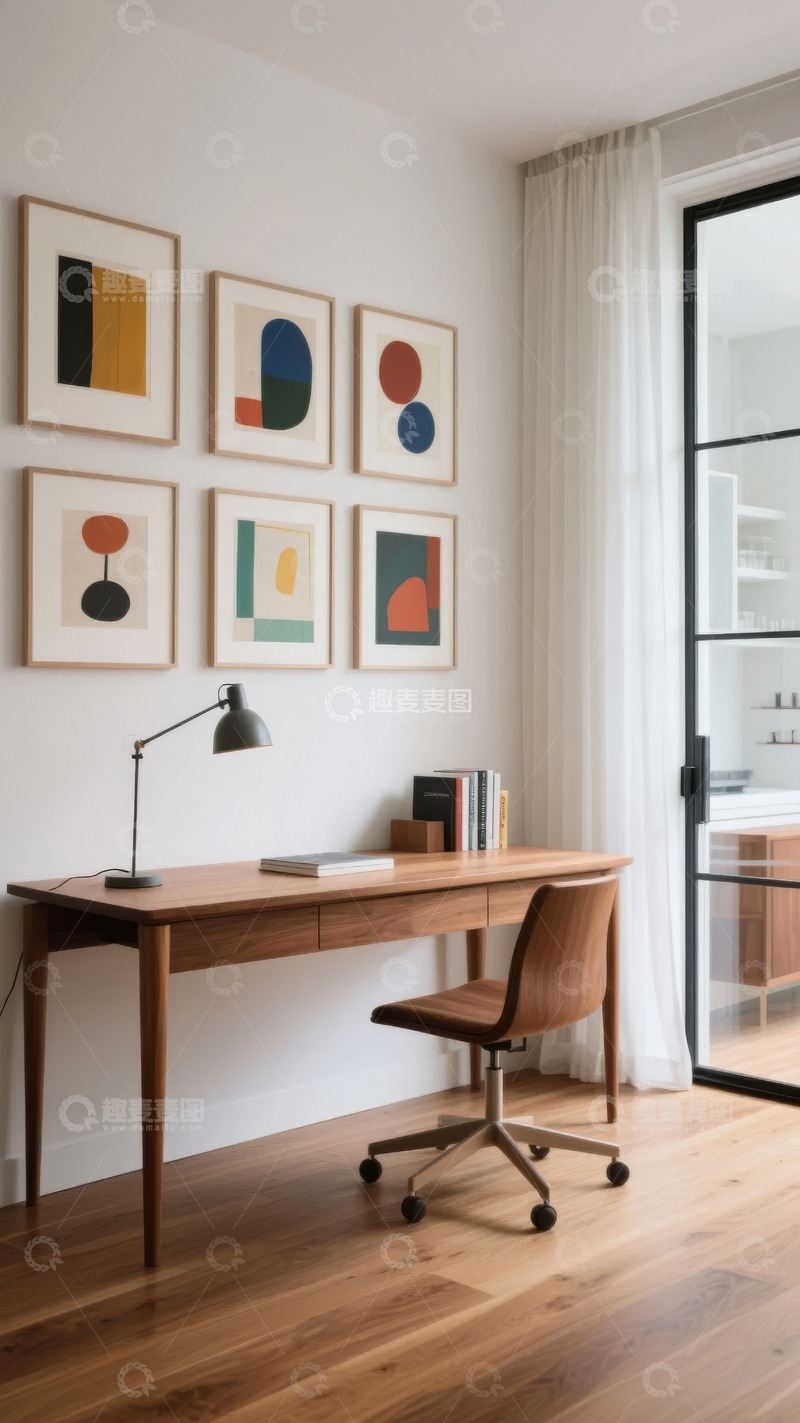 高清大图下载【趣麦麦图】现代简约风格书房墙面挂画与办公桌组合