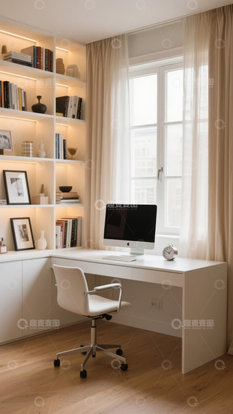 高清大图下载【趣麦麦图】现代简约风格书房配备书架与办公桌