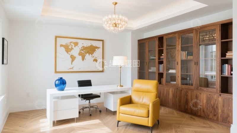 高清大图下载【趣麦麦图】-现代简约风格书房内设黄色扶手椅与木质书柜