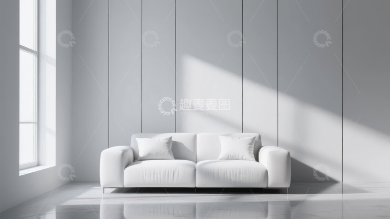 高清大图下载【趣麦麦图】简约室内空间中白色沙发在阳光下的静谧场景