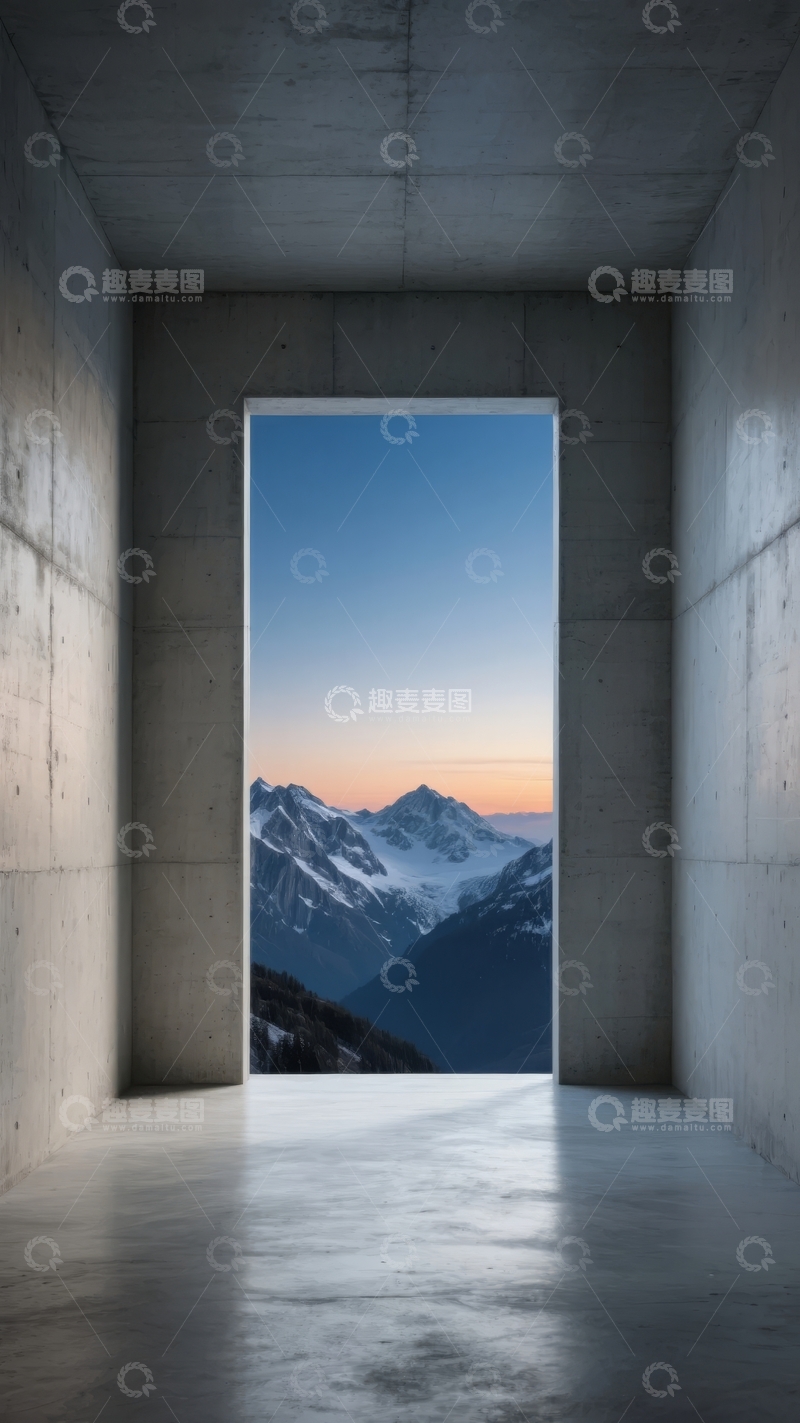 高清大图下载【趣麦麦图】混凝土走廊尽头的雪山日落景观