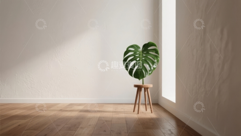 高清大图下载【趣麦麦图】室内角落放置绿植与木质小凳的简约场景