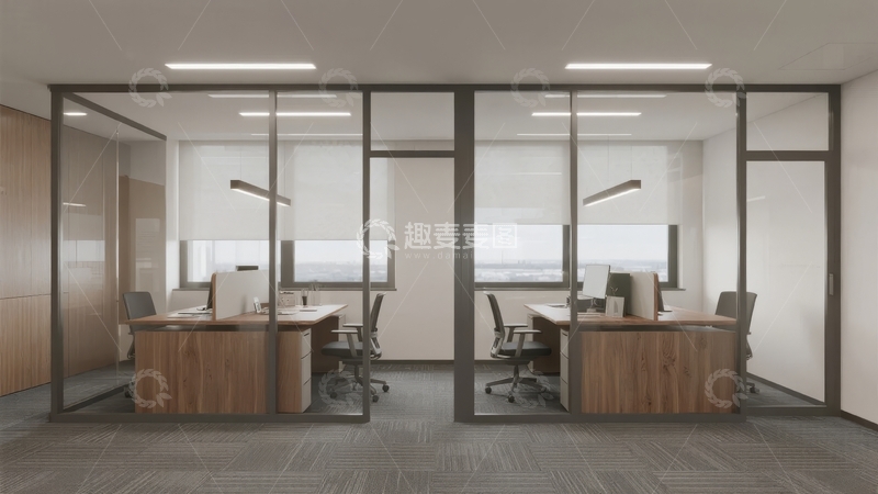 高清大图下载【趣麦麦图】现代开放式办公室设计配备玻璃隔断和办公桌