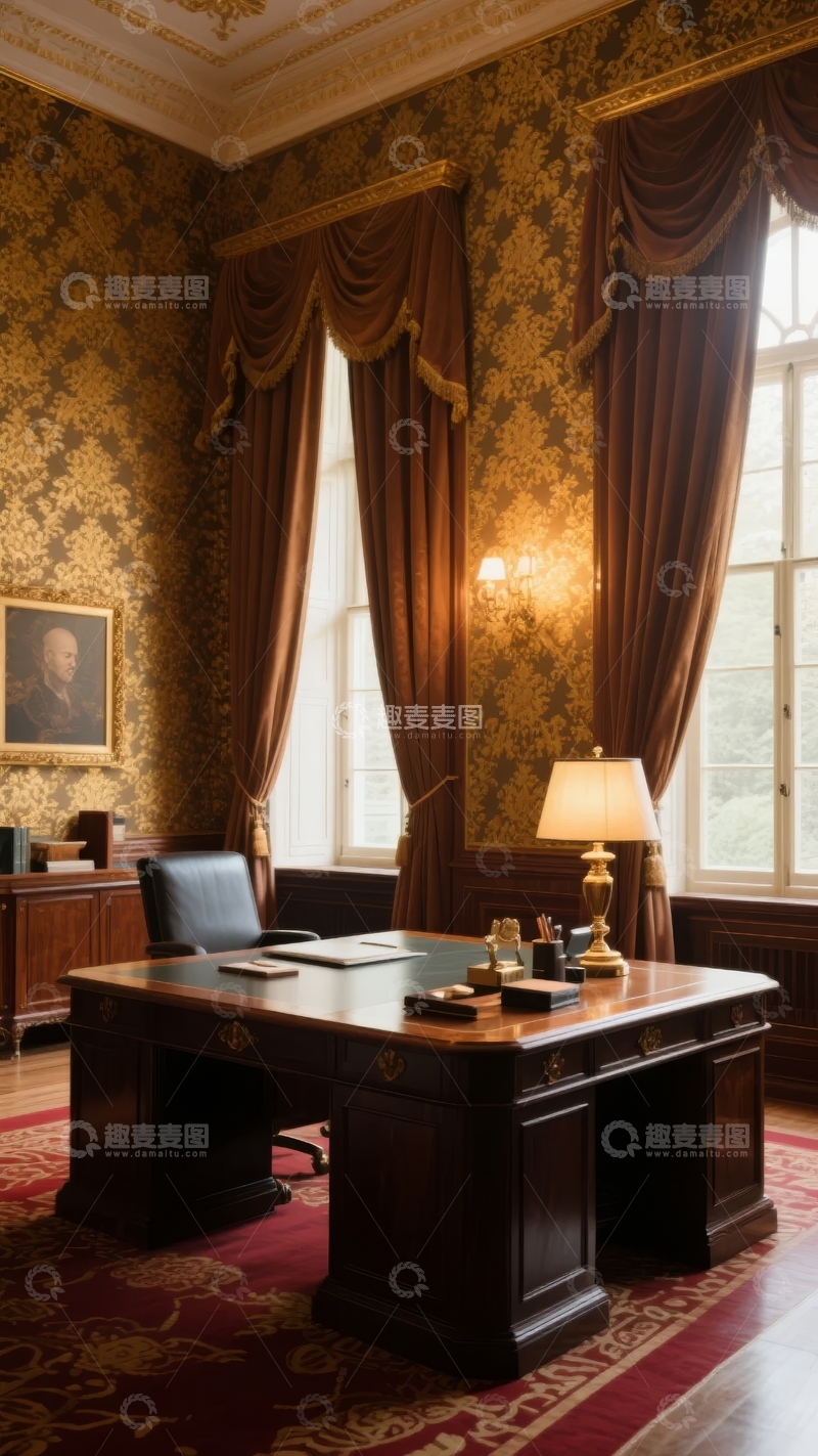 高清大图下载【趣麦麦图】古典风格办公室内景配有华丽窗帘和复古装饰
