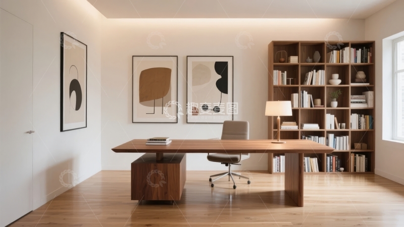 现代简约风格办公室内景配有木质书桌和书架