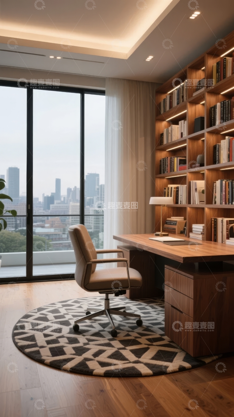 高清大图下载【趣麦麦图】现代书房内景配有大窗户和城市景观