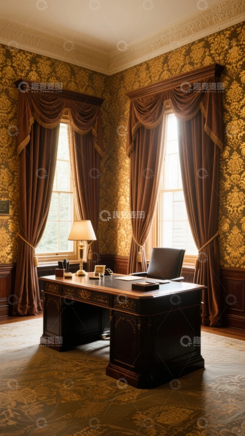 高清大图下载【趣麦麦图】古典风格办公室内景配有华丽窗帘和木质办公桌