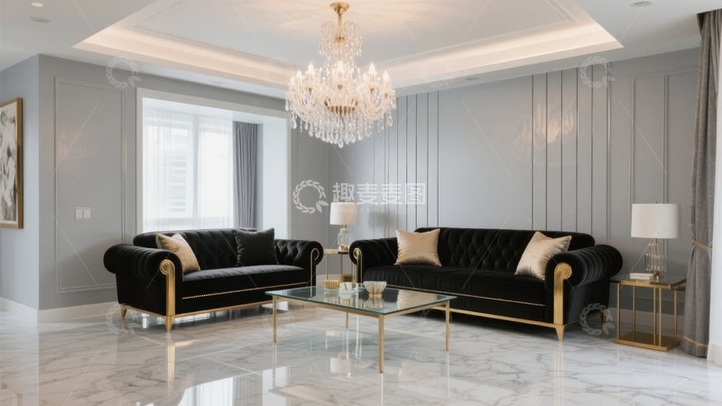 高清大图下载【趣麦麦图】现代奢华客厅装饰以黑色沙发和水晶吊灯