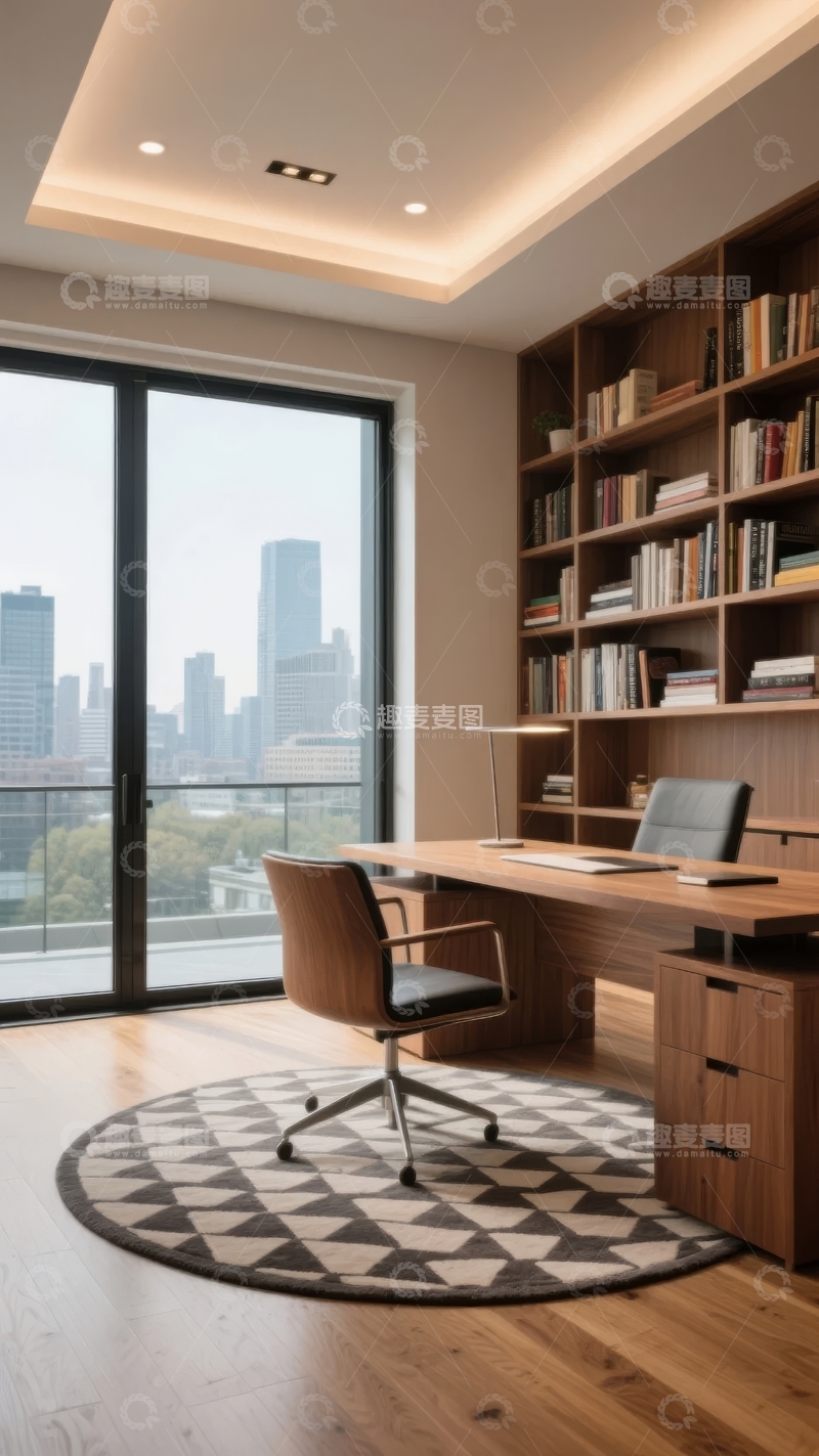 高清大图下载【趣麦麦图】现代书房配备大窗户和城市景观