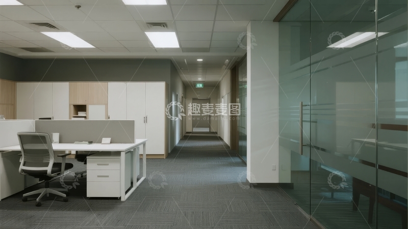 高清大图下载【趣麦麦图】现代办公室走廊与办公区的整洁明亮场景