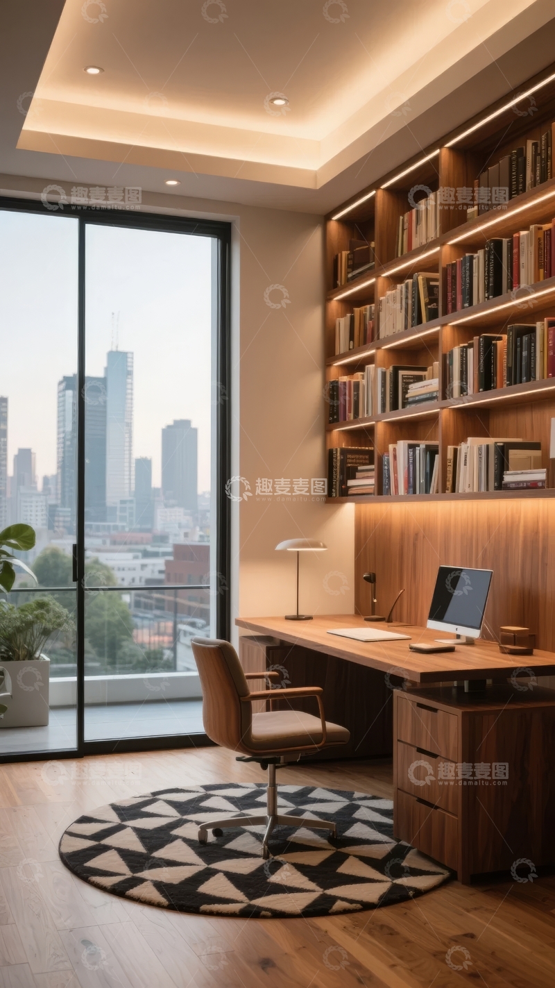 高清大图下载【趣麦麦图】现代书房内设书架电脑窗景城市