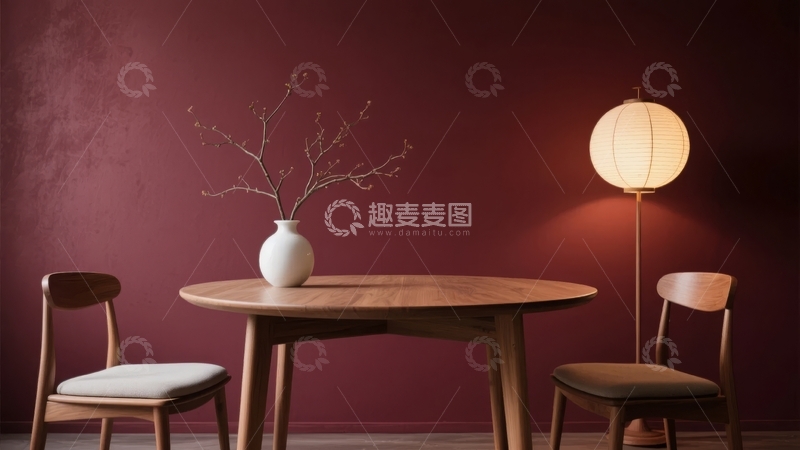 高清大图下载【趣麦麦图】深红色墙壁下的简约餐桌与温馨台灯