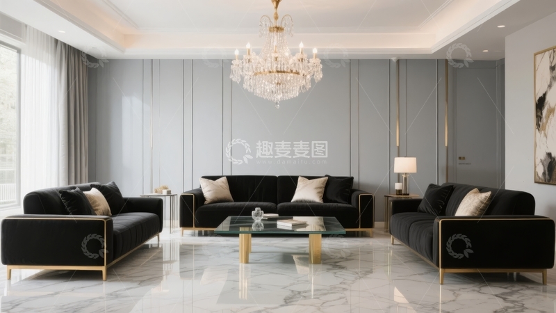 高清大图下载【趣麦麦图】现代奢华客厅设计以黑色沙发和水晶吊灯为特色