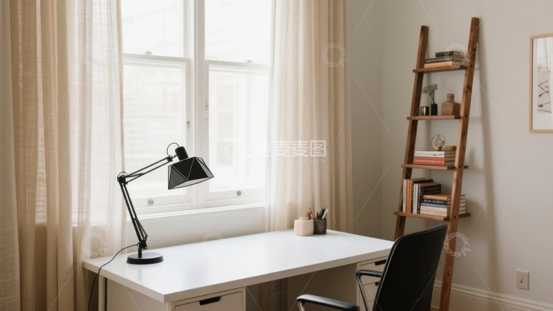 高清大图下载【趣麦麦图】明亮窗户旁的简约书桌与梯形书架