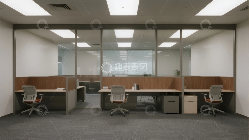 高清大图下载【趣麦麦图】现代办公室开放式办公区配有玻璃隔断和办公桌椅