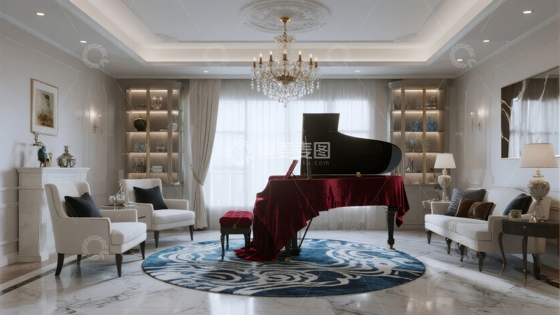 高清大图下载【趣麦麦图】豪华客厅内摆放着黑色钢琴和精致家具