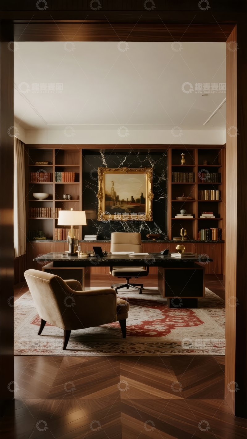 高清大图下载【趣麦麦图】豪华书房内陈设典雅书桌画作与书架