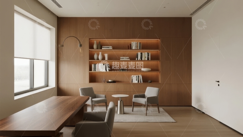 高清大图下载【趣麦麦图】现代简约风格书房内景配有书架和办公桌