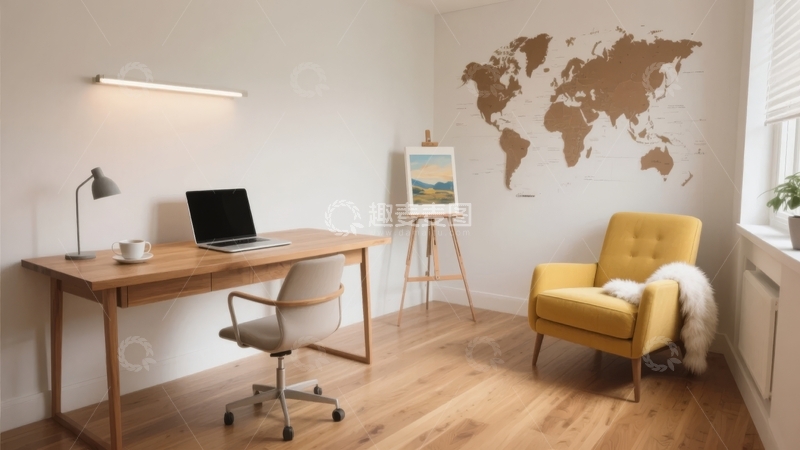 高清大图下载【趣麦麦图】现代简约风格书房内设书桌椅与世界地图墙装饰