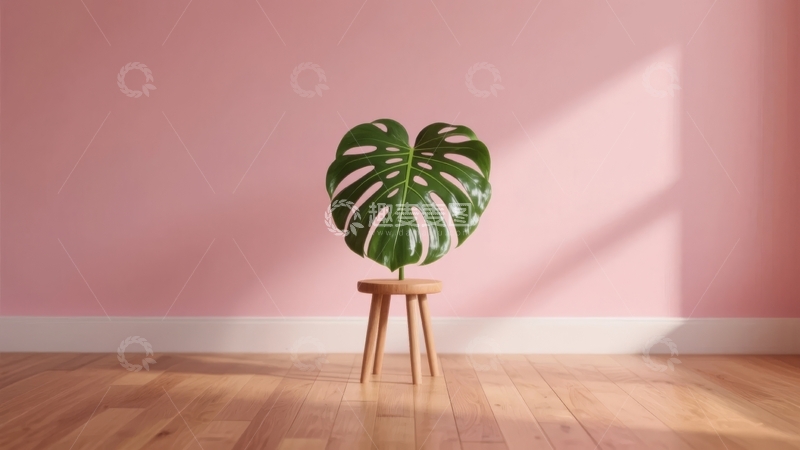 高清大图下载【趣麦麦图】粉色墙前木质地板上的龟背竹盆栽