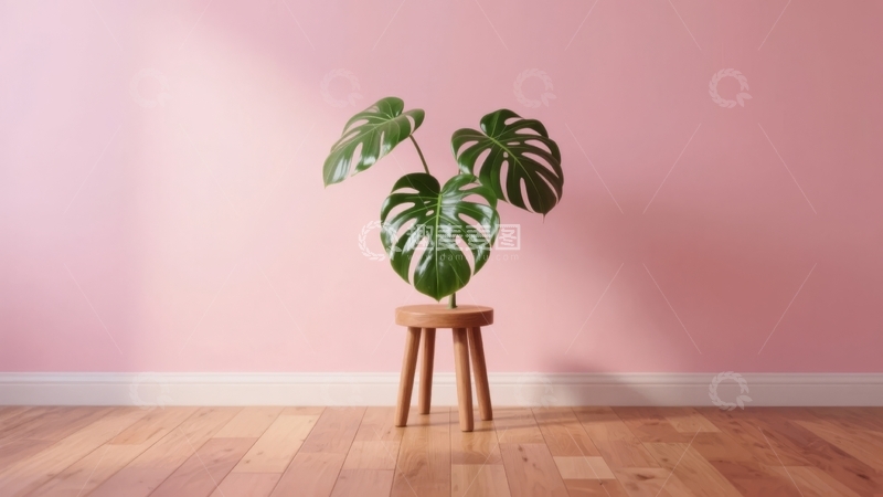 高清大图下载【趣麦麦图】一盆绿植置于粉色墙壁前的木质地板上