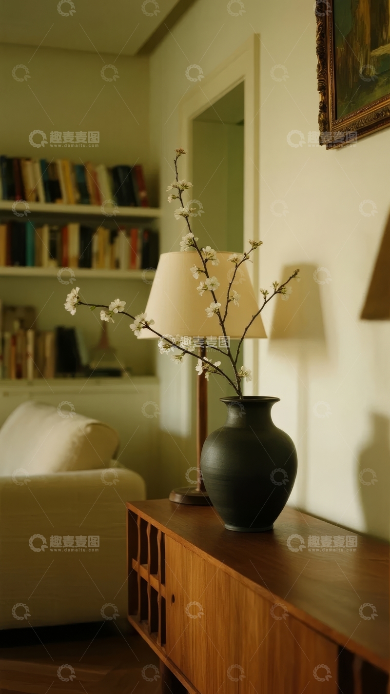 高清大图下载【趣麦麦图】温馨室内一角书架旁摆放着花瓶与台灯