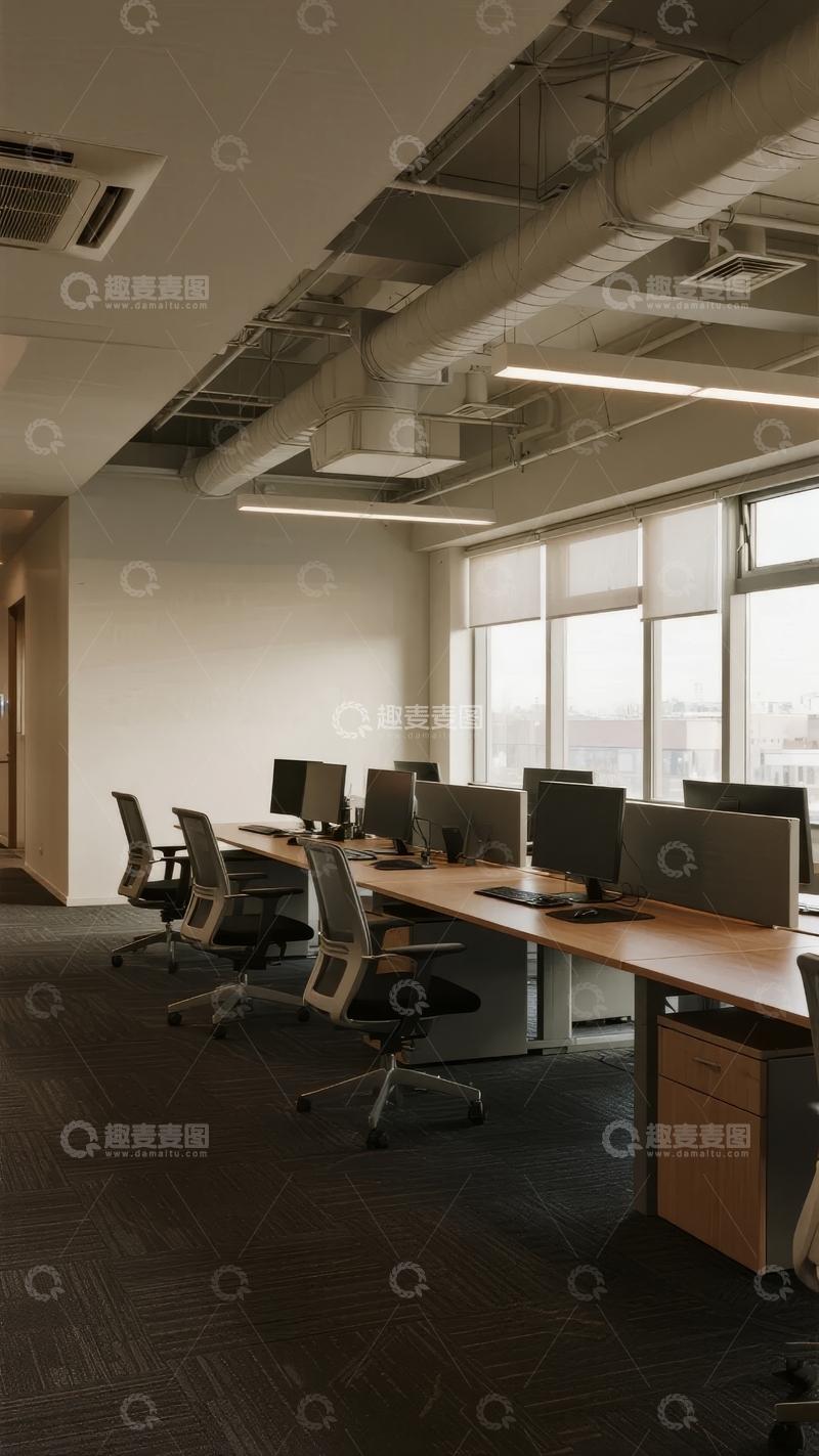 高清大图下载【趣麦麦图】现代开放式办公室内景配备电脑与大窗户
