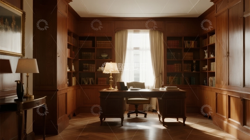 高清大图下载【趣麦麦图】典雅书房内书架环绕书桌灯光温馨