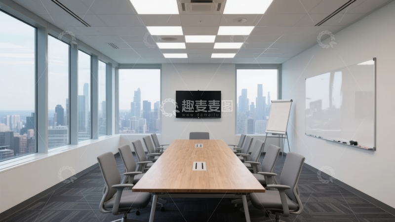 现代会议室配备长桌和城市景观窗户