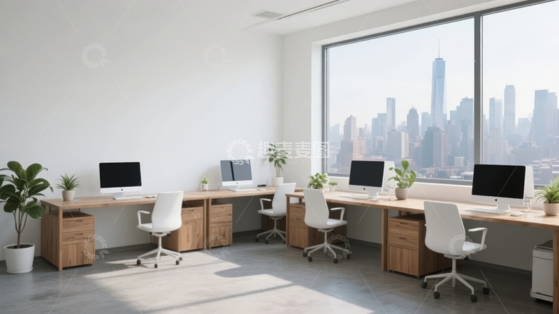 高清大图下载【趣麦麦图】现代办公室内景配备电脑和绿植窗外可见城市景观