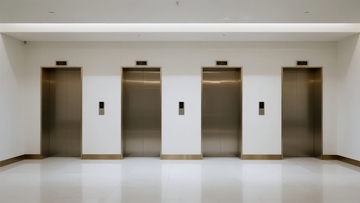 四扇金属电梯门排列在简洁现代的室内走廊中