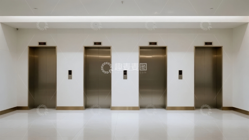 四扇金属电梯门排列在简洁现代的室内走廊中