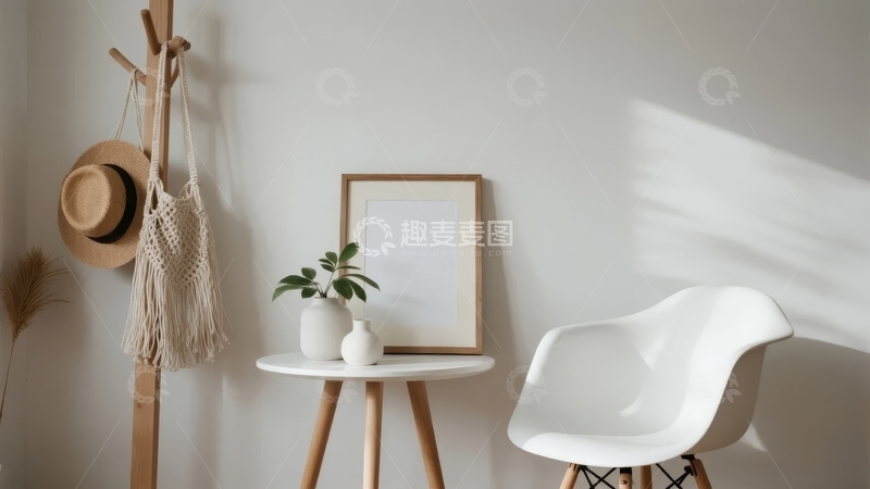 高清大图下载【趣麦麦图】简约室内角落摆放着椅子、挂衣架和装饰画