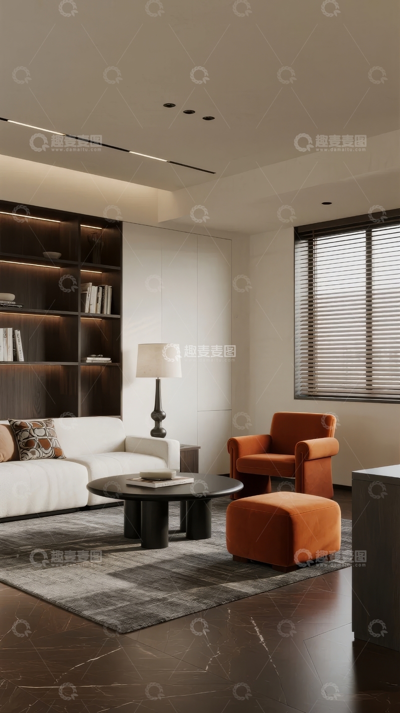 高清大图下载【趣麦麦图】现代简约风格客厅布置包含沙发书架与橙色扶手椅