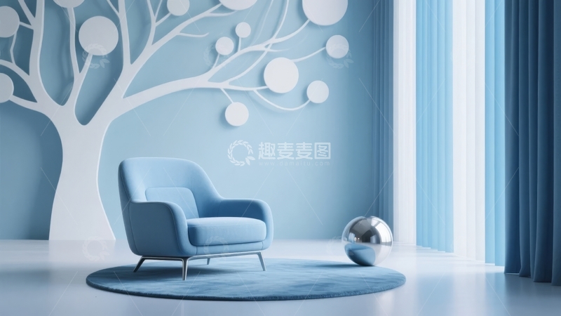 高清大图下载【趣麦麦图】现代简约风格室内设计墙面装饰树与蓝色扶手椅