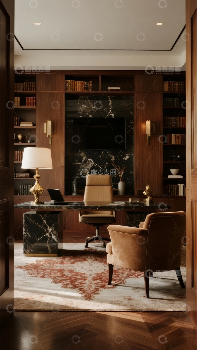 高清大图下载【趣麦麦图】豪华书房内景深色木质书柜与舒适办公椅