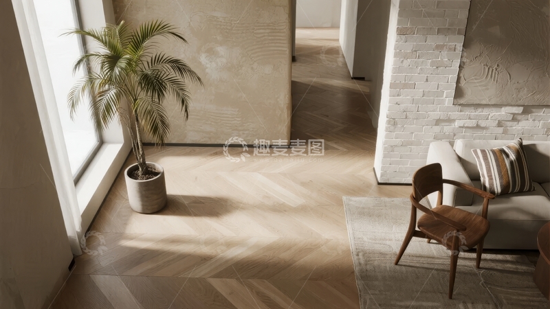 高清大图下载【趣麦麦图】现代简约风格客厅一角阳光洒落木质地板与绿植相伴