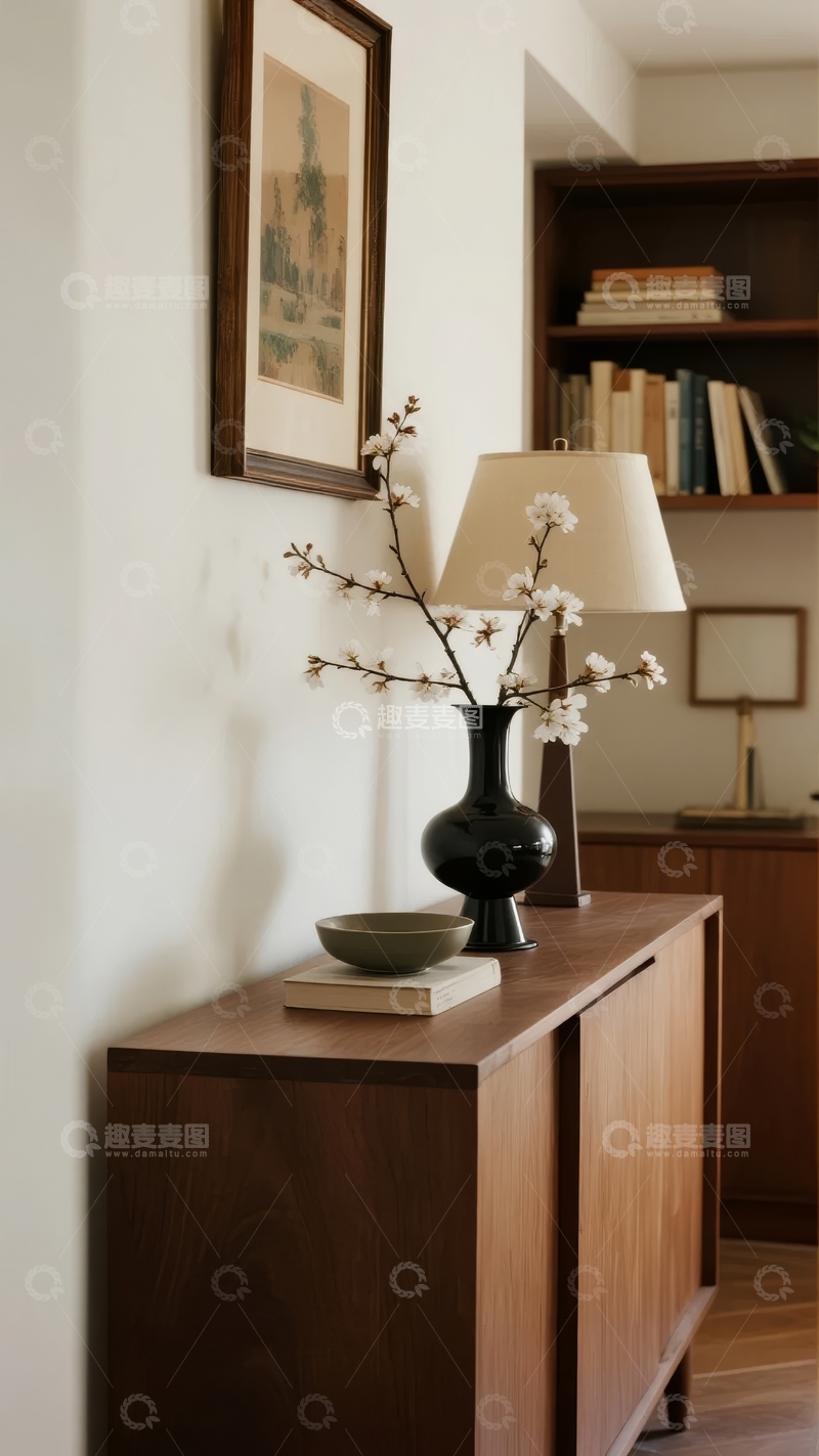 高清大图下载【趣麦麦图】室内一角摆放着花瓶与台灯营造温馨氛围