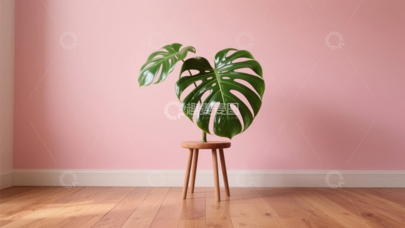 高清大图下载【趣麦麦图】粉色背景下的木质凳子上摆放着一盆龟背竹