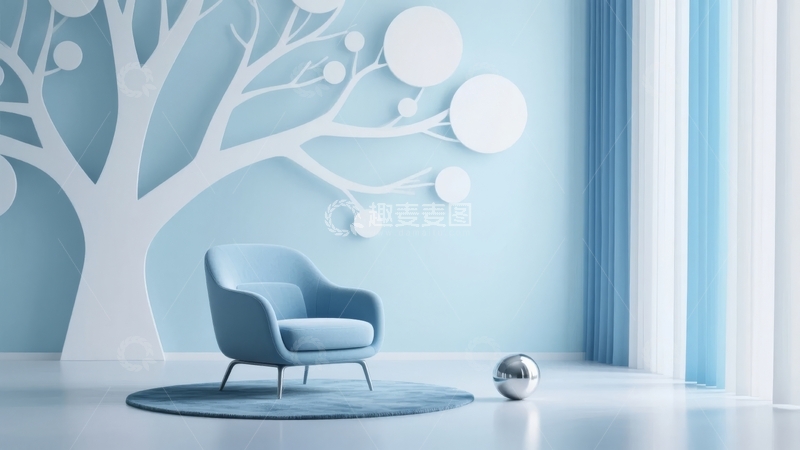 高清大图下载【趣麦麦图】蓝色墙面装饰树旁的现代简约风格单人沙发